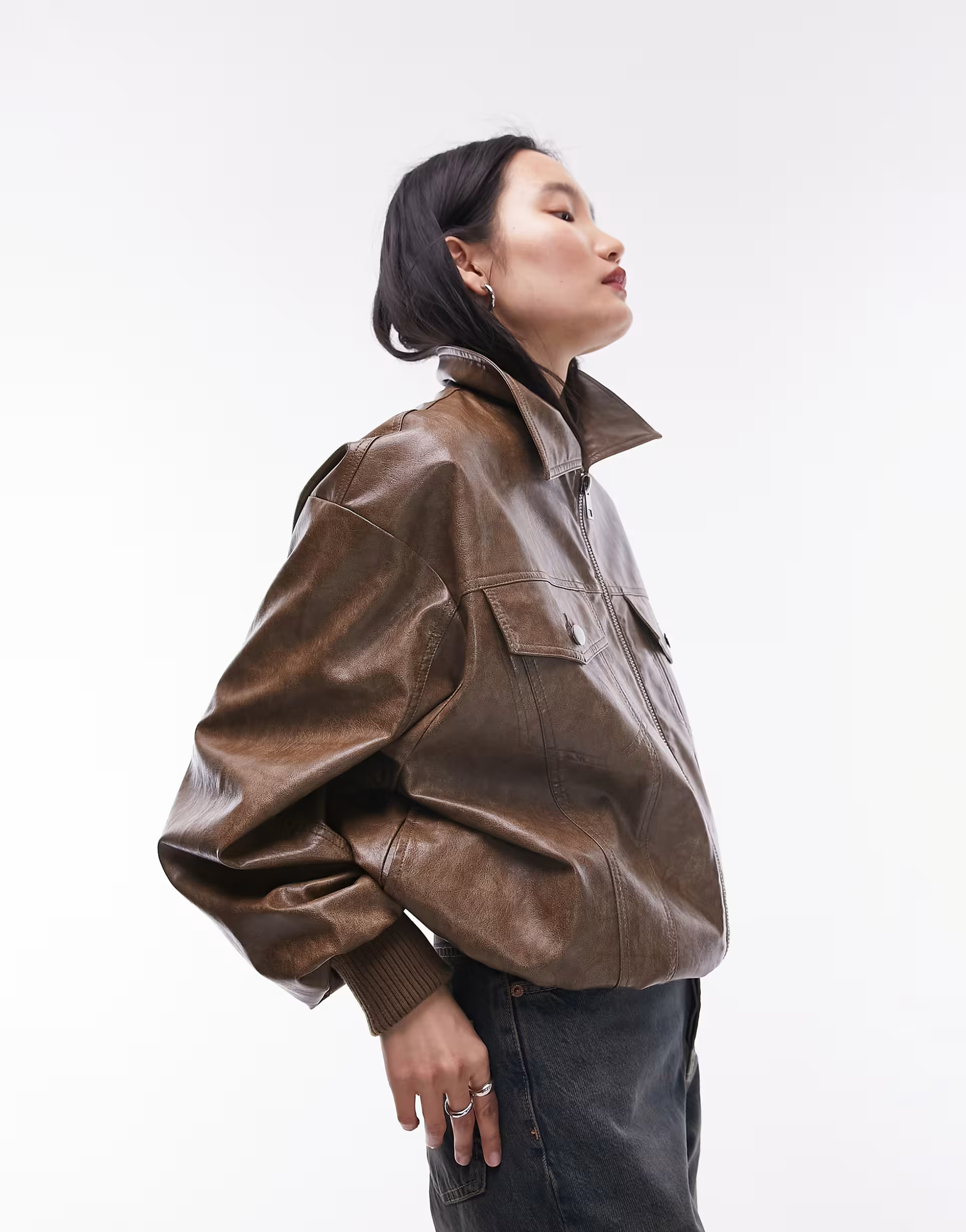 Topshop faux leather bomber jacket in washed brown | ASOS (Global)