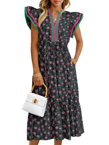 Wenrine Womens Summer Floral Midi Dresses Ruffle Cap Sleeve V Neck Flowy Boho Casual Beach Vacation Sundress Black | Amazon (US)