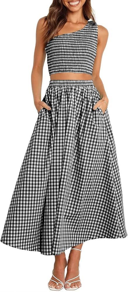 Women 2 Pieces Dresses, Casual Solid Color One Shoulder Ruched Cropped Top and High Waist Long Skirt | Amazon (US)