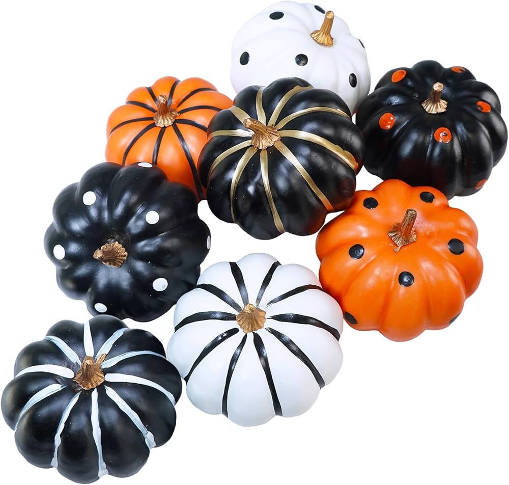 Winlyn Set of 8 Halloween Orange Black White Foam Pumpkins Small Decorative Pumpkins Stripe and D... | Amazon (US)