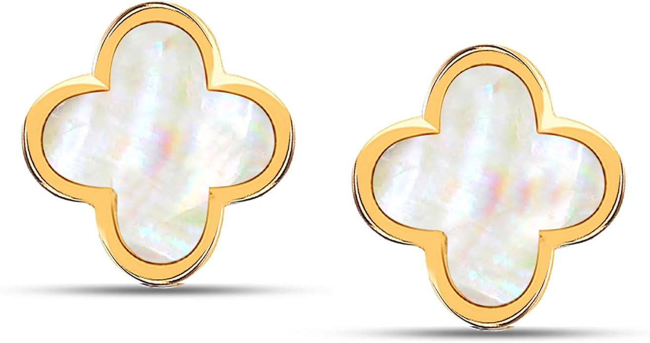 LeCalla 925 Sterling Silver Stud Clover Earrings - Mother of Pearl 14K Gold-Plated Stud Earrings ... | Amazon (US)