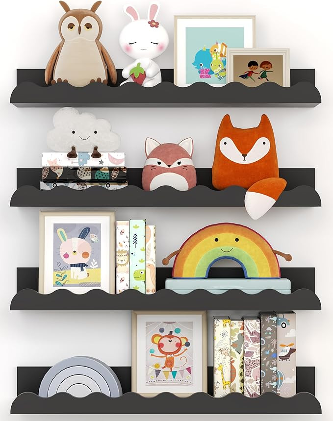 Kids' Bookshelf Set of 4 - Black Floating Nursery Book Shelves, Picture Ledge Shelf for Wall Deco... | Amazon (US)