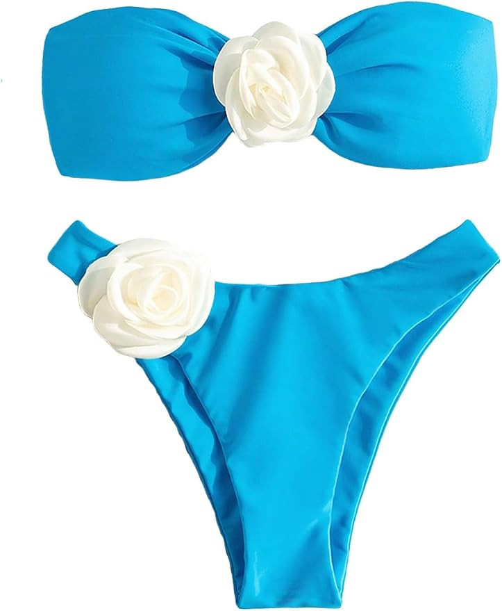 GORGLITTER Women's 2 Piece Strapless Swimsuit 3D Floral Bikini Top and High Cut Thong Bathing Sui... | Amazon (US)