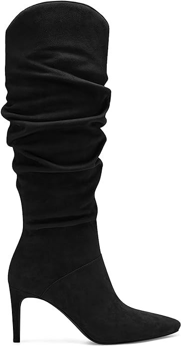Womens Knee High Boots Faux Suede Almond Toe Stiletto High Heel Slouchy Side Zipper Booties | Amazon (US)