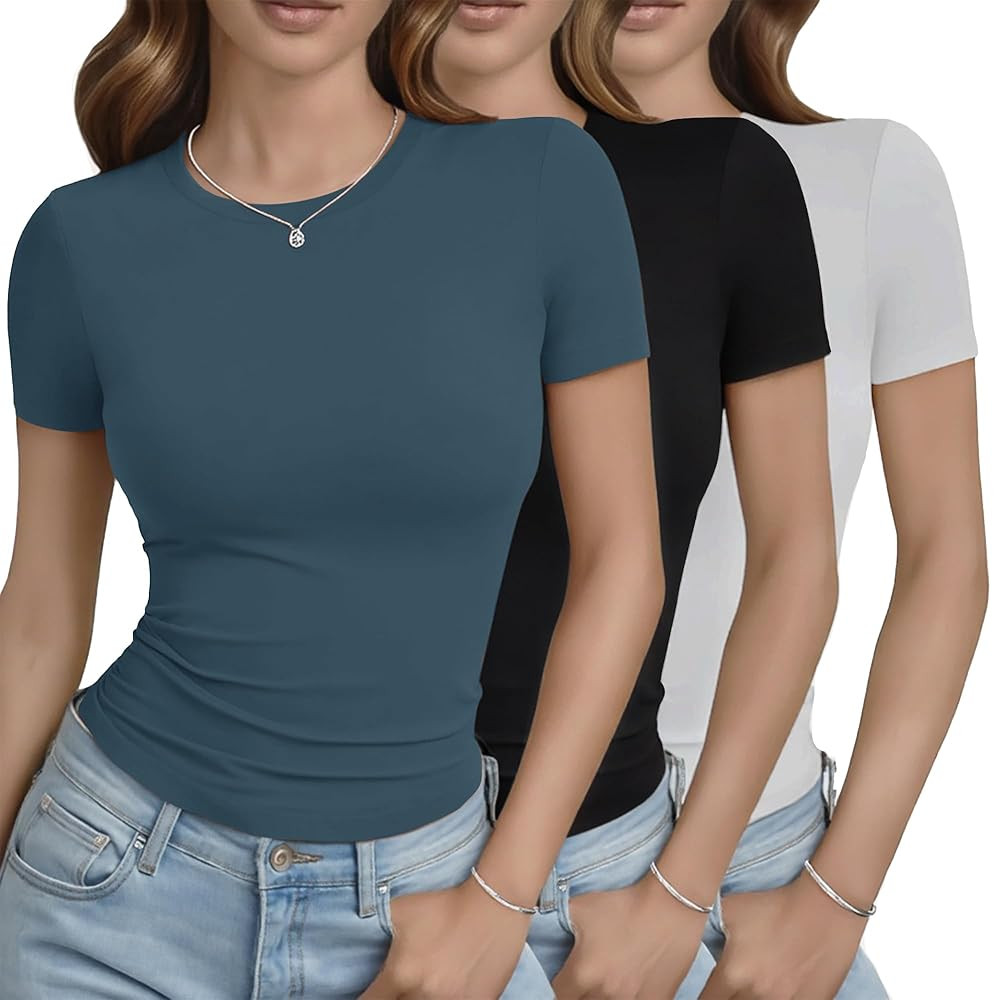 GAYHAY 3 Pack Basic Tees for Women - Crew Neck Slim Fit Tight T Shirts Cute Y2K Trendy Crop Tops ... | Amazon (US)