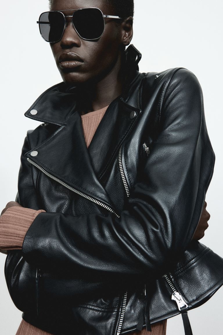 Leather biker jacket - Black - Ladies | H&M GB | H&M (UK, MY, IN, SG, PH, TW, HK)