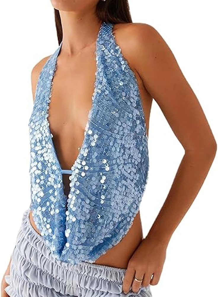 Women Sexy Backless Halter Crop Top Y2k Sequin Deep V Neck Sleeveless Camisole Tank Top | Amazon (US)