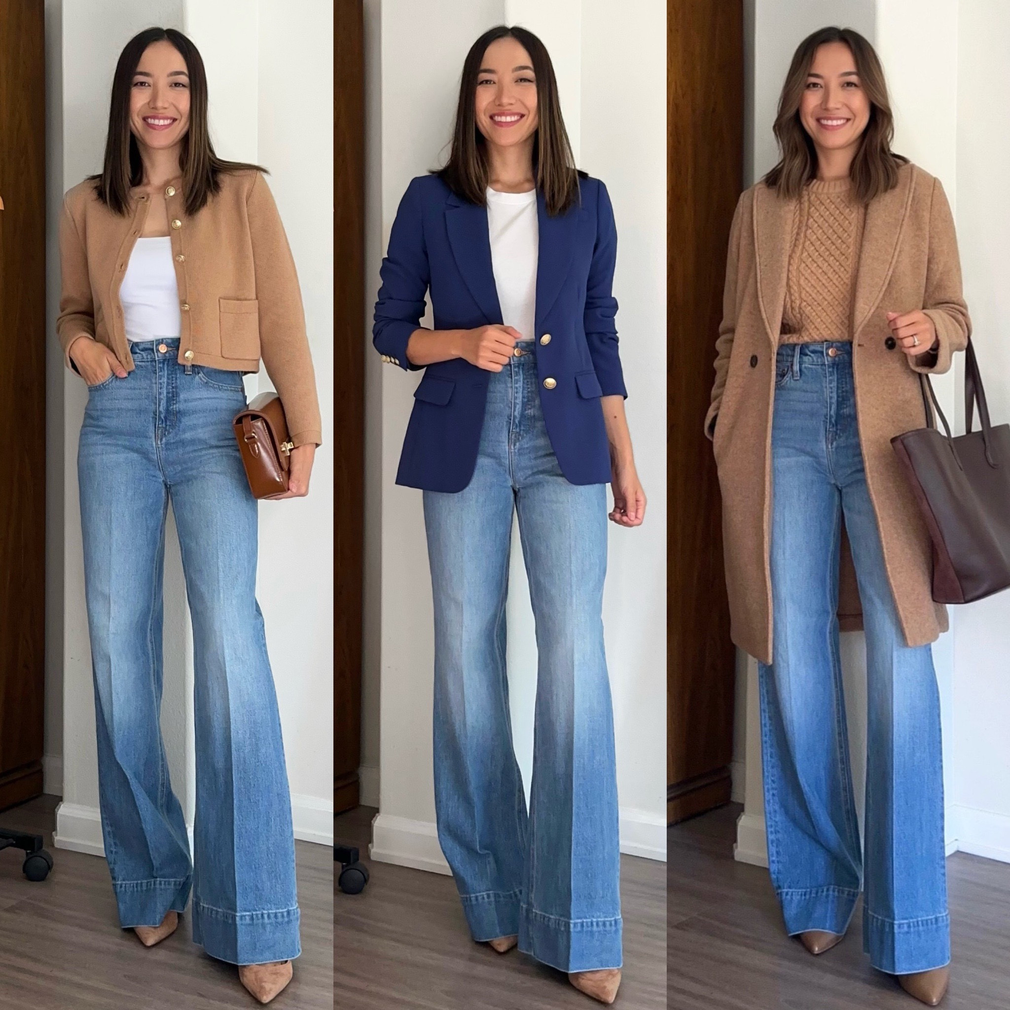Denim trousers styled 3 ways - jcrew sale 40% off: this pair of jeans are excluded but most other items (tote, coat, blazer, boots) are included! 

•Jeans - 25 classic, petite would have been better for a shorter heel. I’m wearing the Chambray blue wash but they are 2 darker washes that are perfect for fall as well!  
•Sweater jacket xs
•Tops xs 

Fall outfit / fall style / fall jeans / fall travel / workwear with jeans / business casual / boots 

#LTKfindsunder100 #LTKsalealert #LTKworkwear