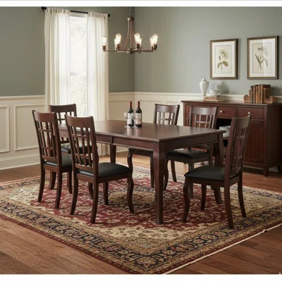 7-piece Dining Set With Rectangular Table, 78-inch Cherry Wood Table With Leaf, 6 Grid-back Chairs, Black Padded Seats, Transitional Style | Wayfair North America