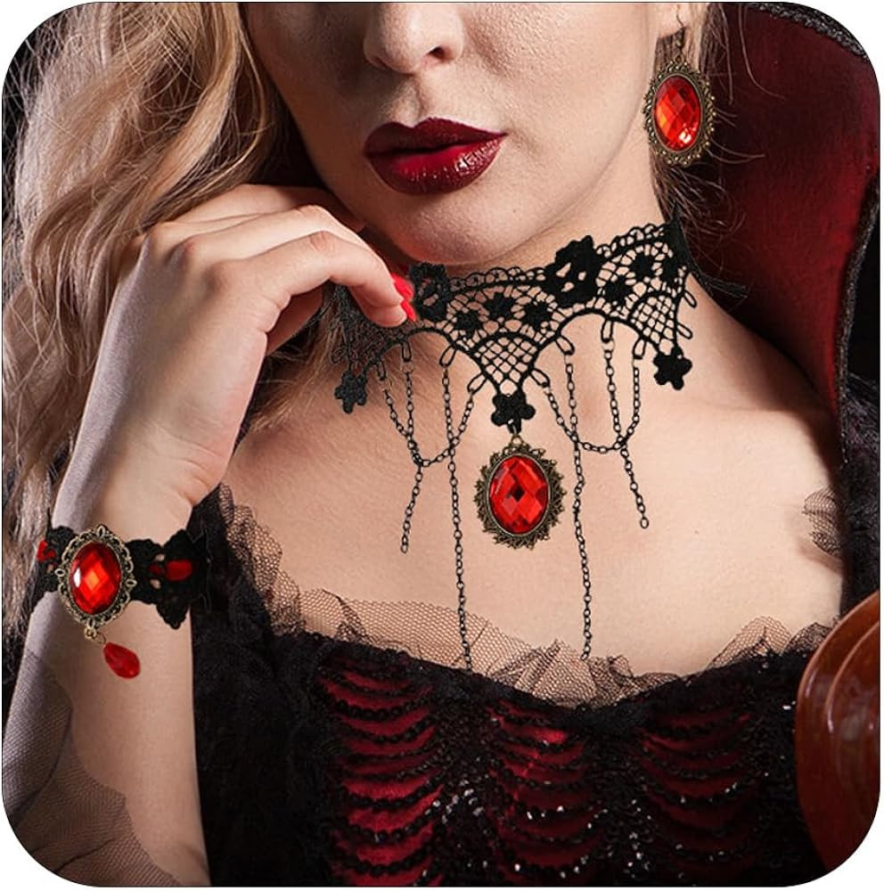 Gothic Victorian Style Vampire Choker Necklace Bracelet Earrings Set,Halloween Pirate Steampunk W... | Amazon (US)