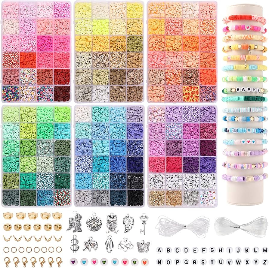 QUEFE 14000pcs, 136 Colors Clay Beads for Bracelet Making Kit Flat Round Polymer Clay Beads Space... | Amazon (US)