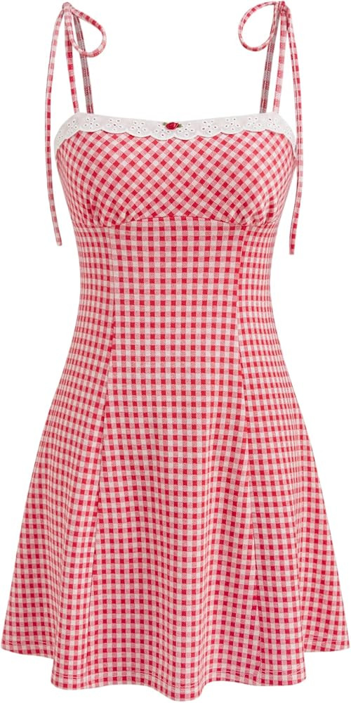 CIDER Womens Summer Gingham Dress Plaid Tie Spaghetti Strap Sleeveless Lace Trim Cute A Line Casu... | Amazon (US)