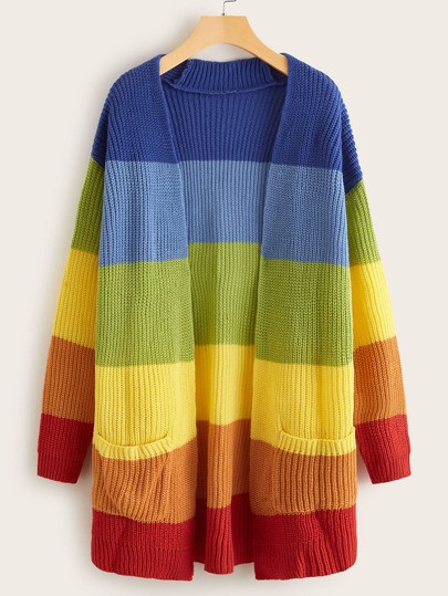 Color-Block Striped Dual Pocket Longline Cardigan | SHEIN
