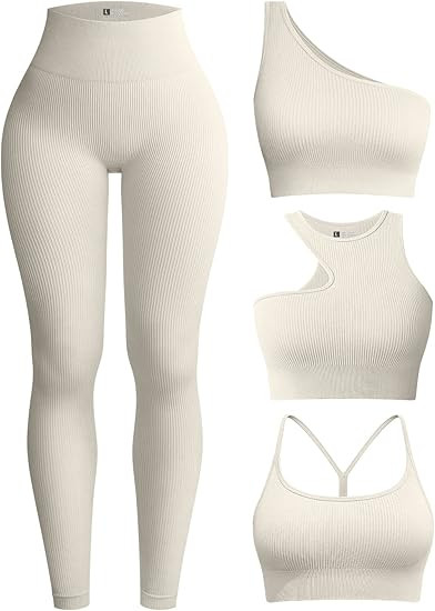 OQQ Womens 4 Piece Workout Outfits Ribbed Yoga High Waist Leggings with 3 Piece Crop Tops with Sp... | Amazon (US)