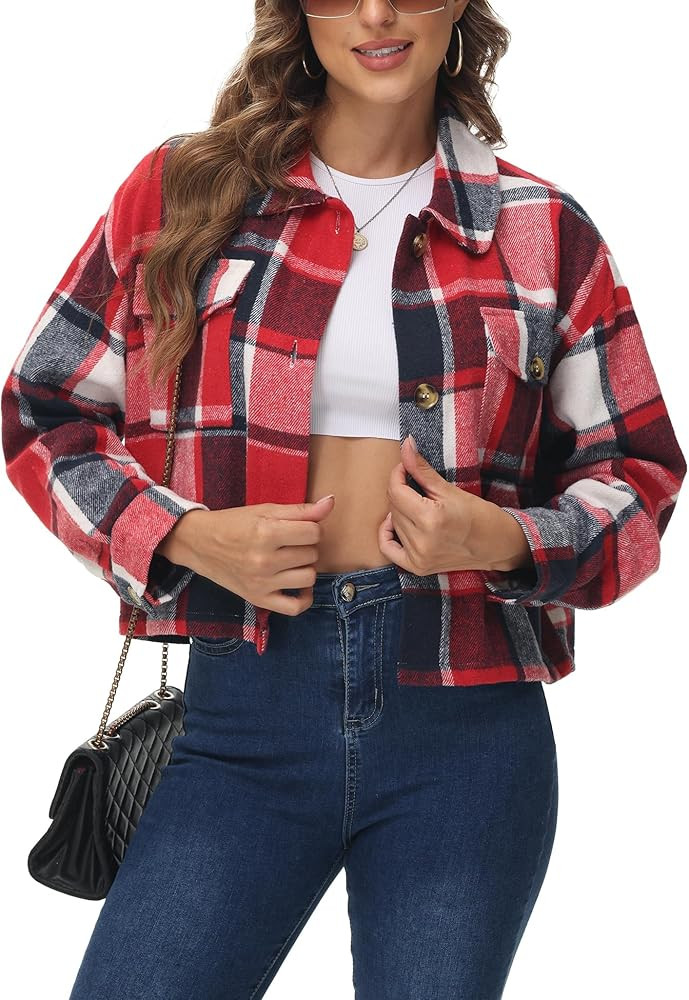 URBEST Women's Oversized Plaid Shacket - Cozy Long Sleeve Button Down Jacket with Pockets, Knee L... | Amazon (US)