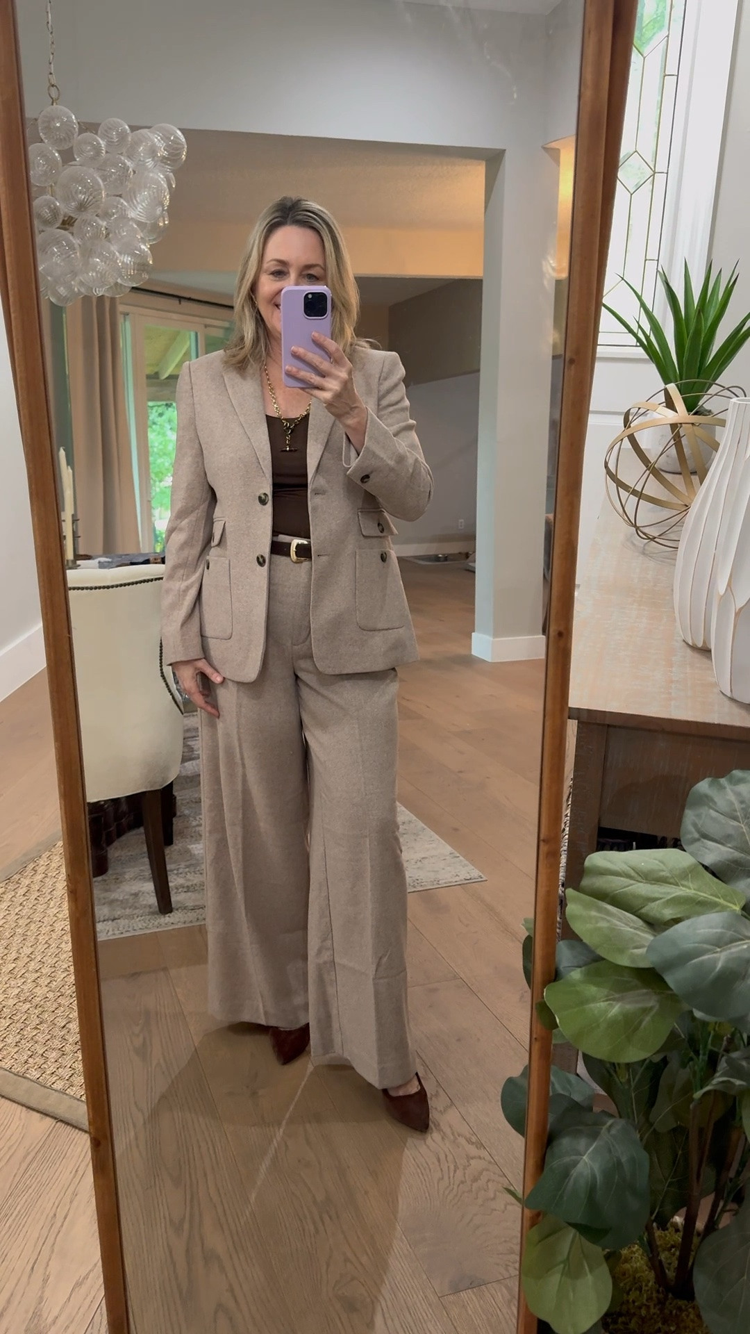 Beautiful neutral color suit for fall and winter tee that will go with everything.  Work outfit, professional outfit, fall outfit over 50