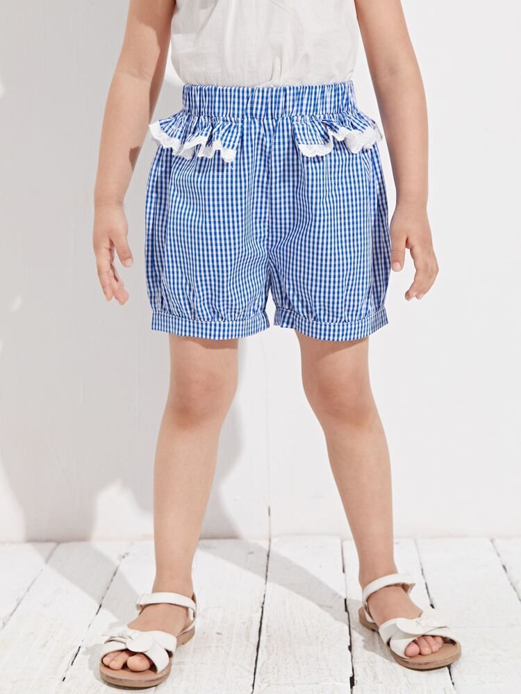 SHEIN Toddler Girls Contrast Embroidered Ruffle Trim Striped Shorts | SHEIN