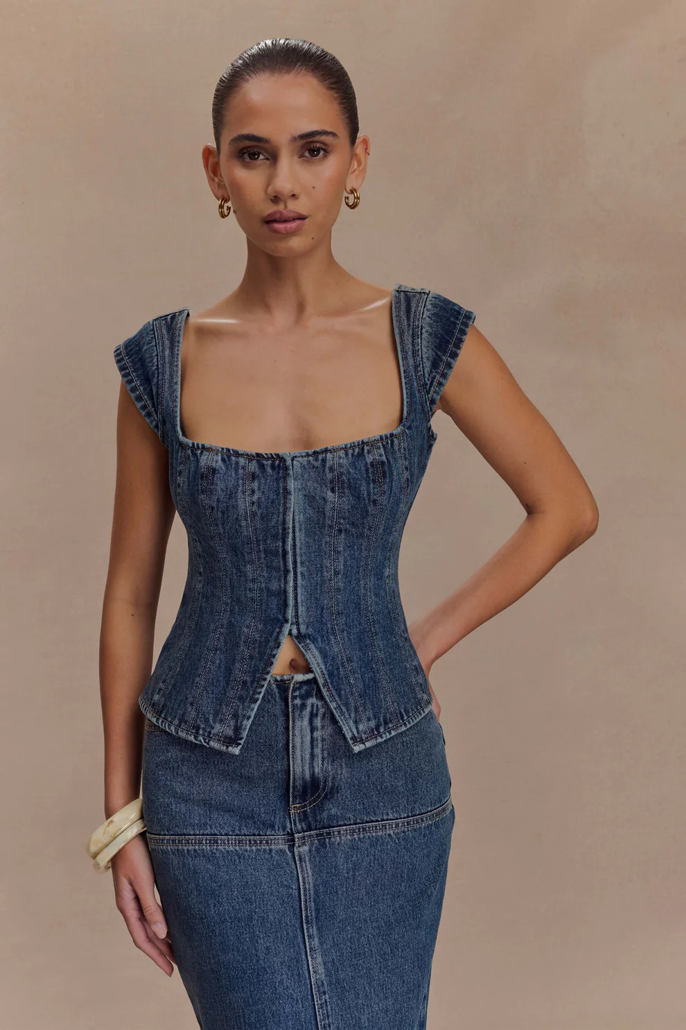 Loretta Cap Sleeve Denim Top - Washed Dark Blue | MESHKI US
