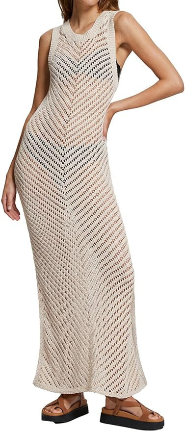 Bsubseach Women Lace Up V Neck Long Sleeve Crochet Swimsuit Cover Up Dress | Amazon (US)