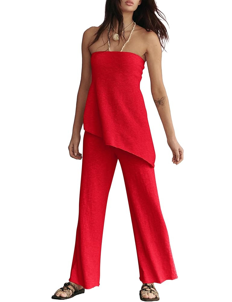 Women Summer Knit Sweater Sets Sexy Tube Top and Loose Pant Lounge Matching Set 2025 2 Piece Outf... | Amazon (US)