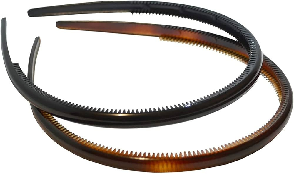 Parcelona French Thin Set of 2 Tortoise Shell Brown and Black Hair Headbands with Inner Teeth Nib... | Amazon (US)