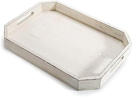 MyGift Whitewashed Wood Serving Tray - Wooden Farmhouse Coffee Table Tray with Cut-out Handles an... | Amazon (US)
