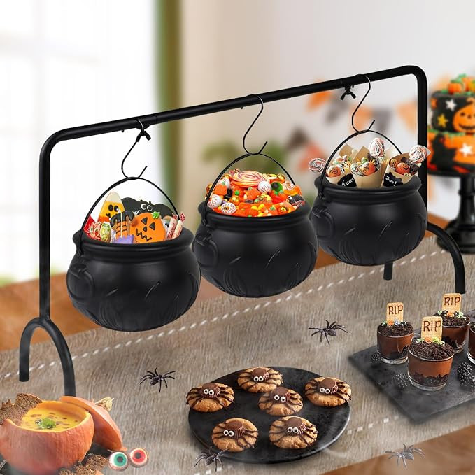 Halloween Witch Cauldron Candy Serving Bowl Hocus Pocus Decorations, Set of 3 Black Plastic Cauld... | Amazon (US)