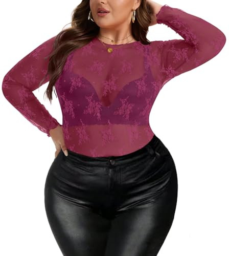 AYIFU Women's Lace Mesh Top Sheer Plus Size See Through Floral Long Sleeve Mock Neck Blouse Tops | Amazon (US)