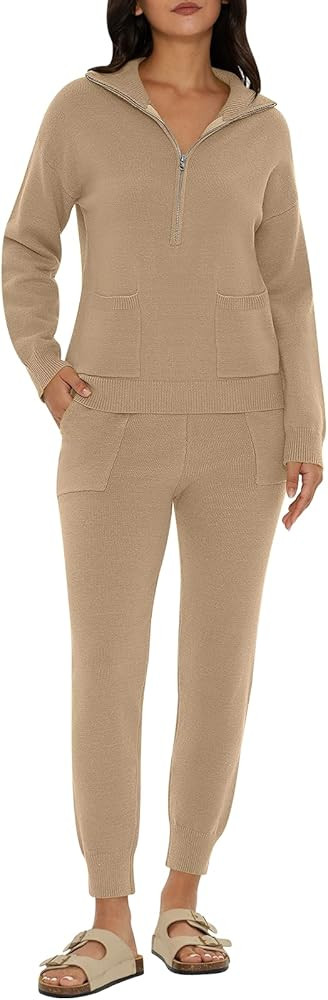 Women's Two Piece Outfits Sweater Sets Long Sleeve Half Zip Pullover Jogger Pants Lounge Sets wit... | Amazon (US)