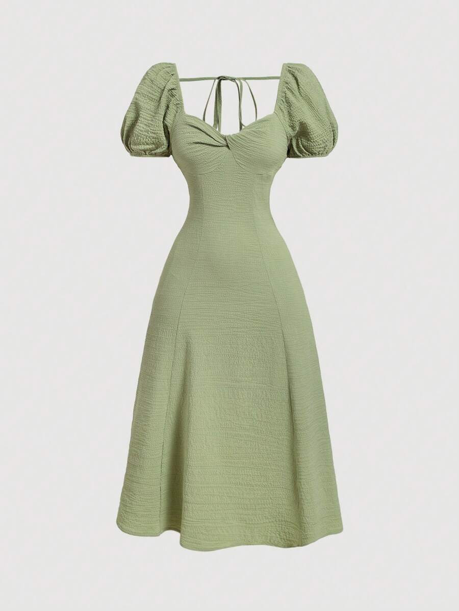 SHEIN MOD Women's Summer Elegant Solid Color Puff Sleeve Cinched Waist Dress,Sage Green Dress | SHEIN