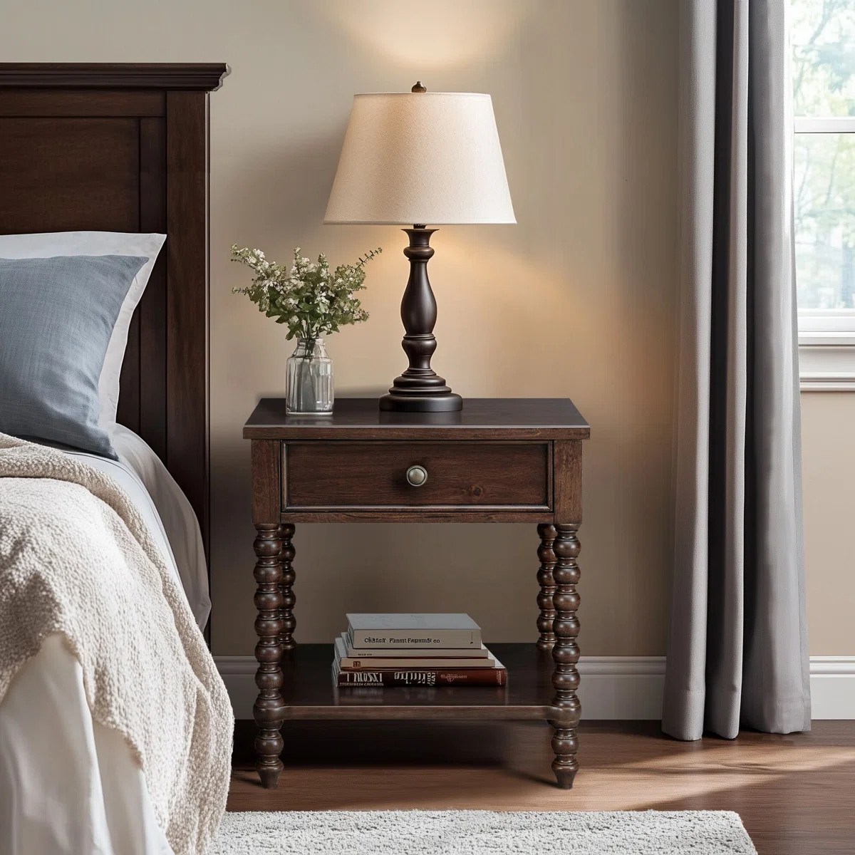Beckett Turned Wood Spindle Nightstand with Drawer & Shelf | Wayfair North America