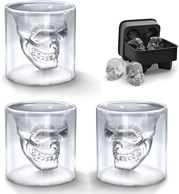 BeBr 3Pcs Crystal Skull Shot Glasses Double Wall Glass Cup with A 3D Skull Silicone Ice Cube Mold... | Amazon (US)