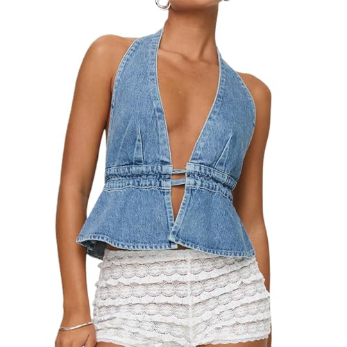 Women Sexy Deep V Neck Halter Denim Tank Top Tie Up Back Solid Color Backless Jean Vest Strapless... | Amazon (US)