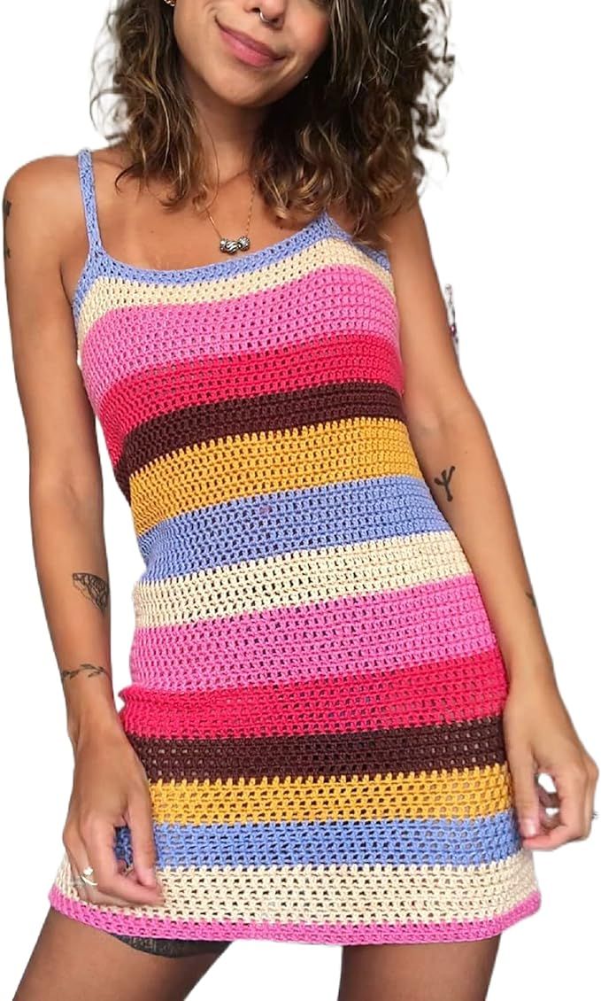 Argeousgor Vestido corto de punto Y2k para mujer, colorido, ajustado, con tirantes delgados, vest... | Amazon (US)