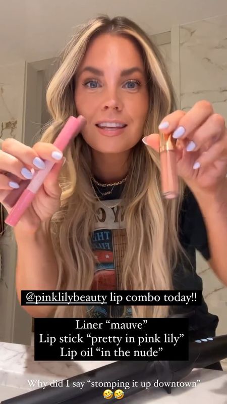 #PinkLilyBeauty is finally LIVE! Code: BrittH20

Lip liner “mauve”
Lipstick “pretty in pink lily”
Lip oil “in the nude” 

Highlighter “sparkling rose” 

#LTKbeauty