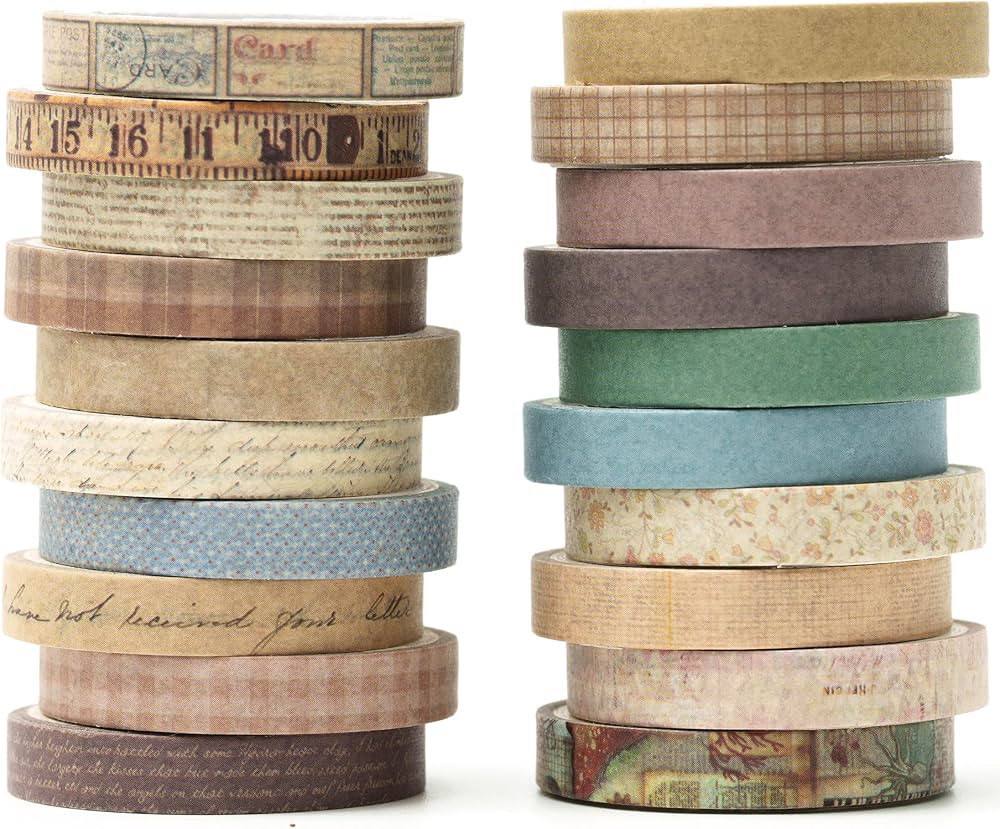 YUBX Vintage Washi Tape Set 20 Rolls Skinny Retro Decorative Antique Patterns Masking Tapes for A... | Amazon (US)