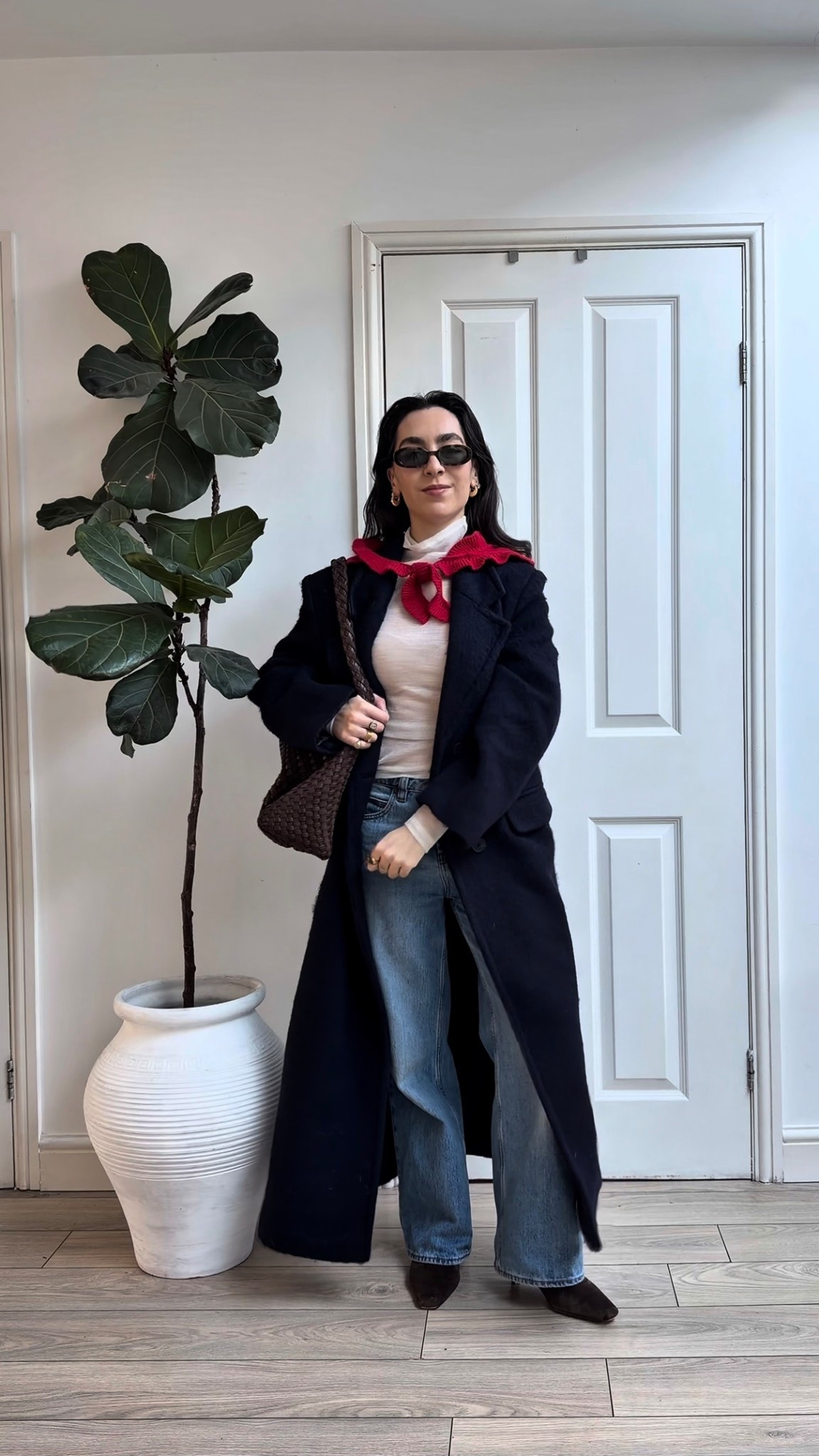 Wool coat, navy coat, asos, wool top, red scarf, low rise jeans, petite jeans, brown suede boots, brown suede bag, le specs sunglasses, dune, h&m, winter outfit inspoo

#LTKeurope #LTKwinter #LTKuk
