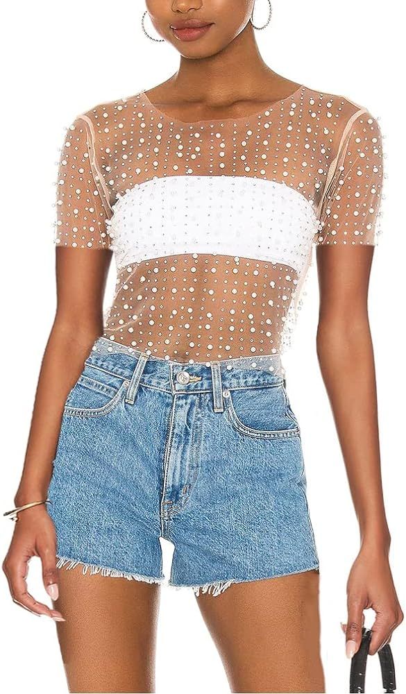 Women Sexy Mesh Sheer Pearl Rhinestone Crop T Shirt Summer Slim Fit See Through Short Sleeve Crew... | Amazon (US)