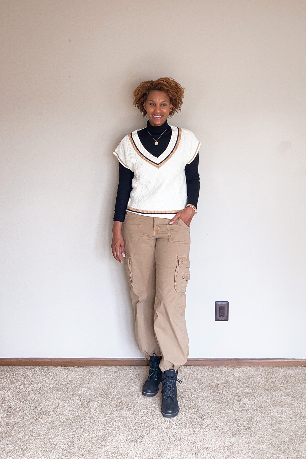 Creating a simple fall outfit, and  wearing my favorite cargo joggers from the summer by adding a simple sweater vest and turtleneck.

#LTKover40 #LTKstyletip #LTKSeasonal