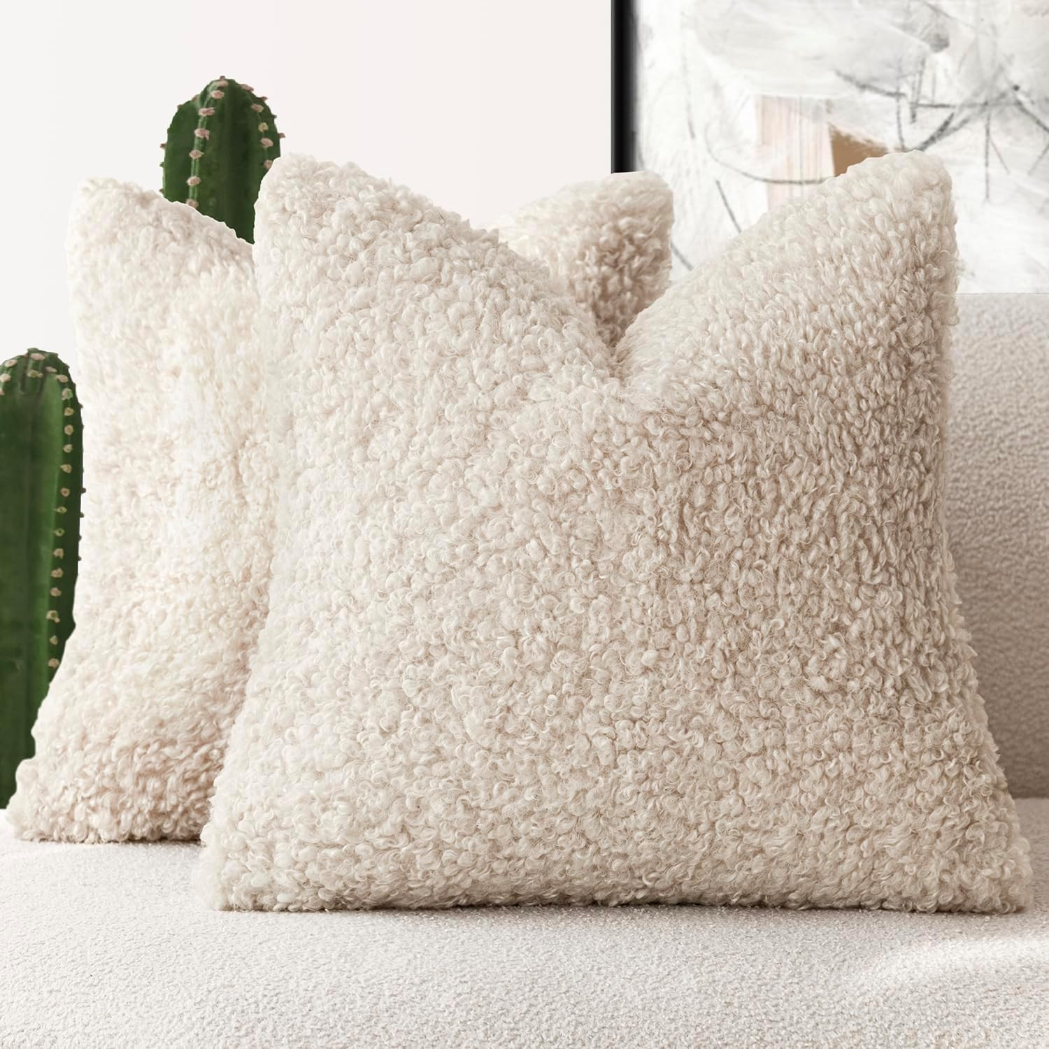 Foindtower 2 Pieces 24x24 Inch Neutral Cream, Faux Fur Throw Pillow Cover Accent Sherpa Pillow Fu... | Amazon (US)