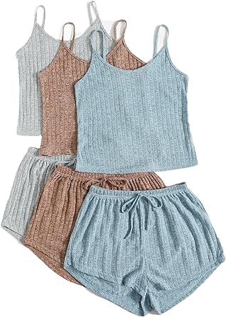 SheIn Women's 3 Sets Rib Knit Lounge Set Crop Cami Top and Tie Front Shorts Sleepwear Pajama Set | Amazon (US)
