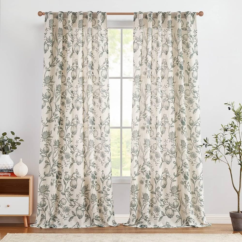 jinchan Linen Curtains Floral Curtains for Living Room 84 Inch Long Dark Green French Curtains B... | Amazon (US)