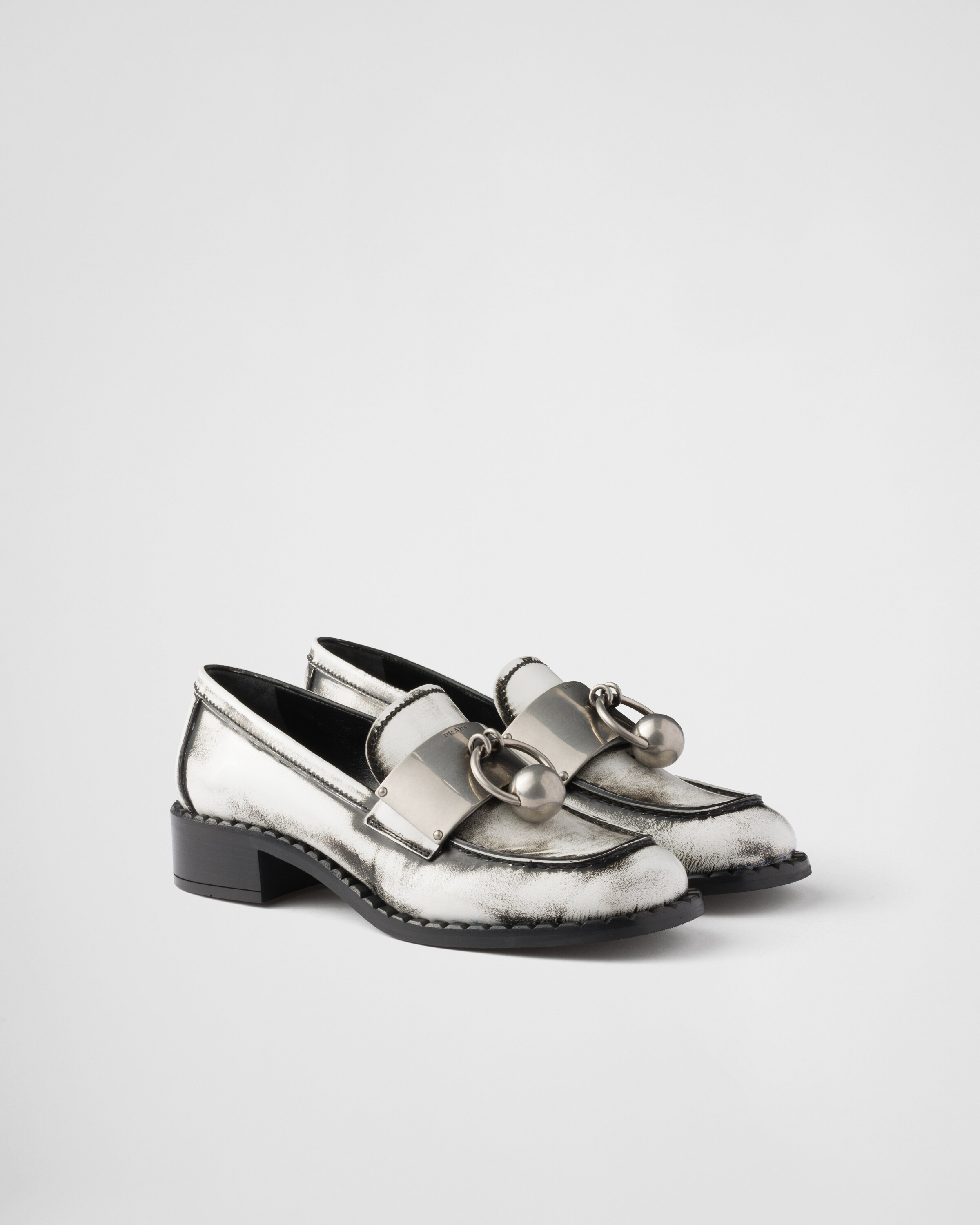 Brushed leather loafers with metal details | Prada US