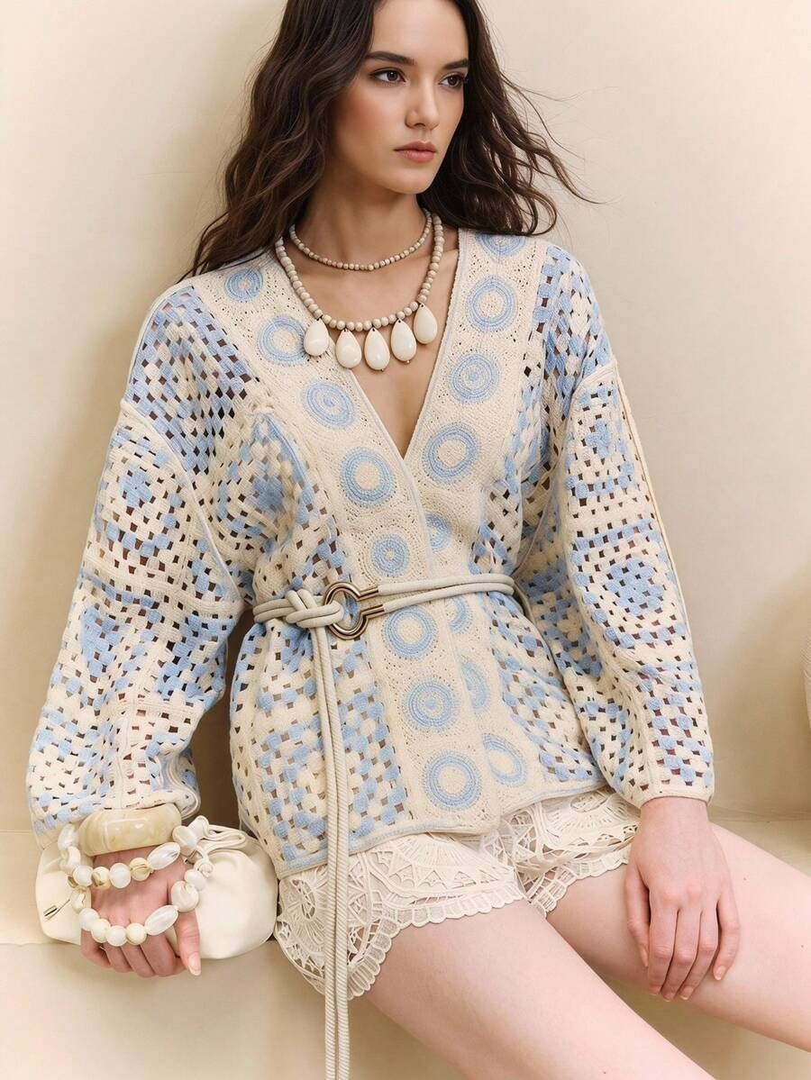 SHEIN Women's Beige Crochet Geometric Pattern Dolman Sleeve Loose Knit Cardigan,Boho Summer Vacat... | SHEIN