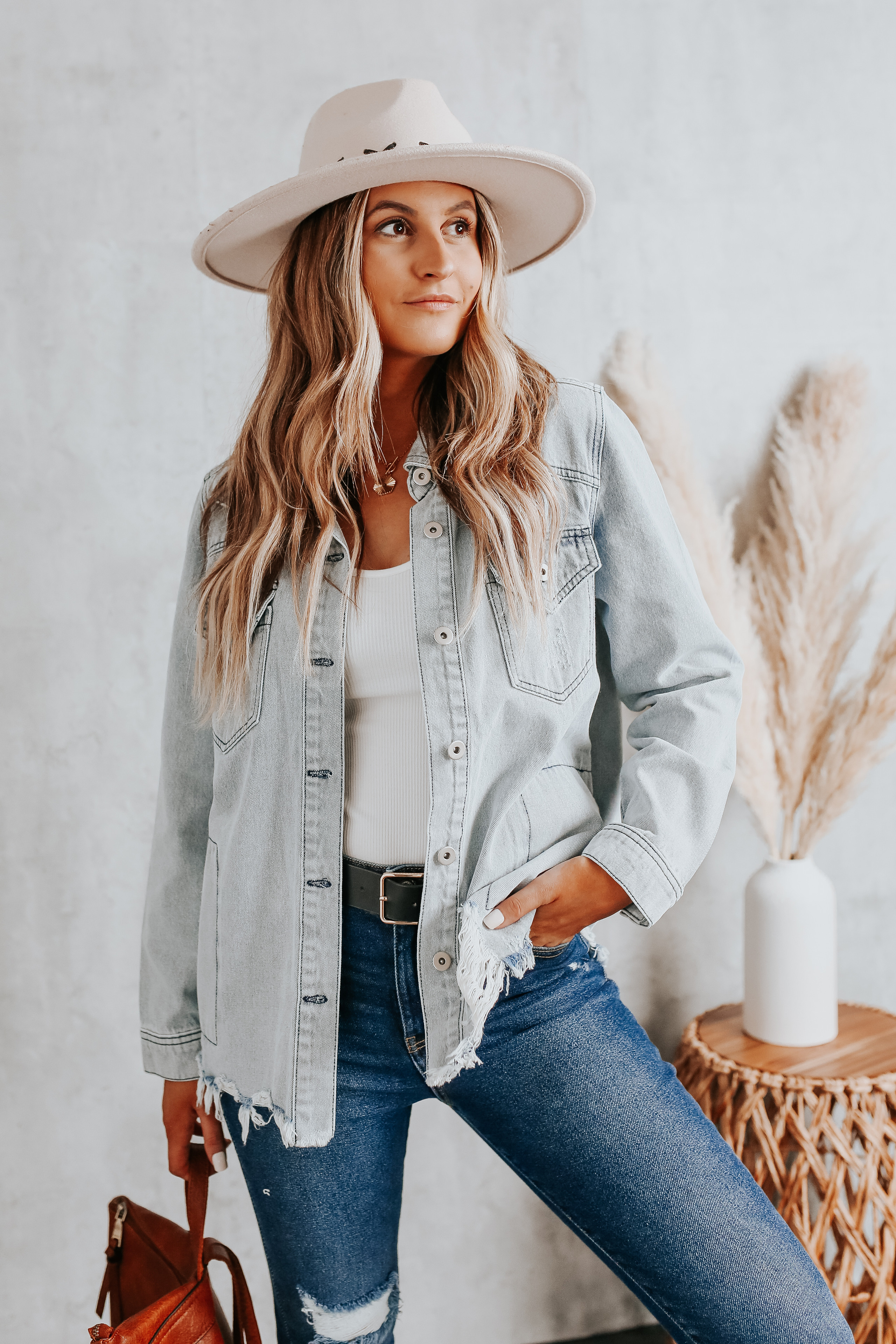 Small Town Light Wash Distressed Denim Shacket | Magnolia Boutique