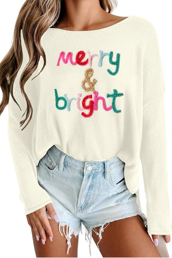 Christmas Sweaters for Women Merry Sweater Long Sleeve Xmas Holiday Knitted Graphic Pullover Top | Amazon (US)