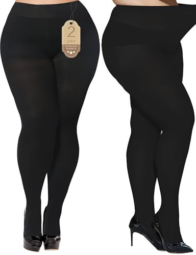 Buauty Plus Size 80D Black Tights for Women - Opaque Stockings, Run Resistant Pantyhose, High Waist Control Top(2 pair) | Amazon (US)