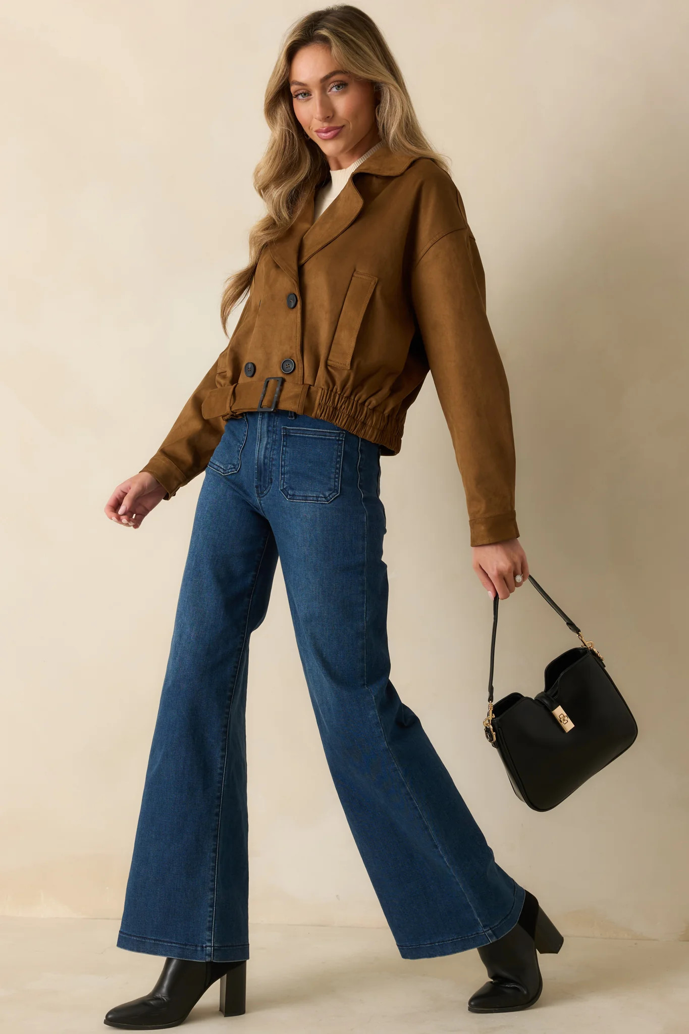 Soft Focus Camel Brown Faux Suede Cropped Trench Coat | Red Dress