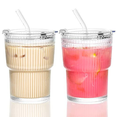Icesip 13 oz Glass Cups with Lids and Straws Ribbed Drinking Glasses Cup Leak Proof Clear Iced Coffee Glass Tumbler Set of 2 for Match Soda Smoothie Juice | Amazon (US)