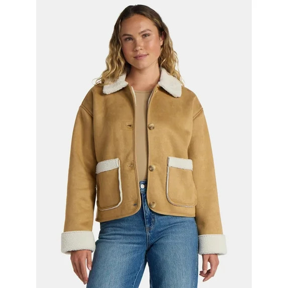 Time and Tru Women's and Women's Plus Bonded Faux Shearling Jacket, Sizes XS-2X - Walmart.com | Walmart (US)